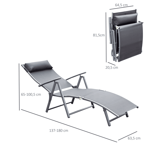 Outsunny Espreguiçadeira Dobrável de Jardim com Encosto Ajustável em 7 Posições Apoio para a Cabeça para Terraço Piscina Exterior Carga Máxima 165kg 137x63,5x100,5cm Cinza