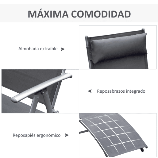 Outsunny Espreguiçadeira Dobrável de Jardim com Encosto Ajustável em 7 Posições Apoio para a Cabeça para Terraço Piscina Exterior Carga Máxima 165kg 137x63,5x100,5cm Cinza