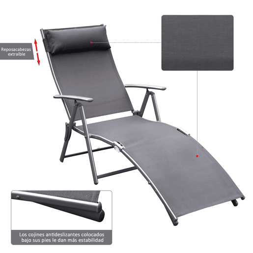 Outsunny Espreguiçadeira Dobrável de Jardim com Encosto Ajustável em 7 Posições Apoio para a Cabeça para Terraço Piscina Exterior Carga Máxima 165kg 137x63,5x100,5cm Cinza