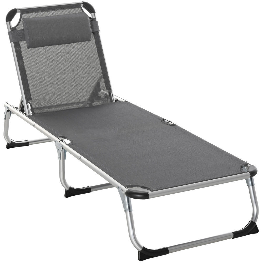Outsunny tumbona plegable reclinable de aluminio con reposacabezas extraíble y respaldo transpirable ajustable en 4 posiciones para jardín terraza camping exterior 165x60x76 cm gris