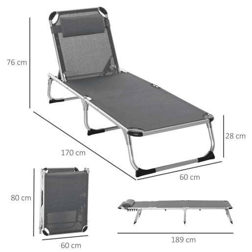Outsunny Espreguiçadeira de Jardim Dobrável com Apoio para a Cabeça Removível e Encosto Ajustável em 4 Posições para Jardim Terraço Campismo Exterior 170x60x76cm Cinza