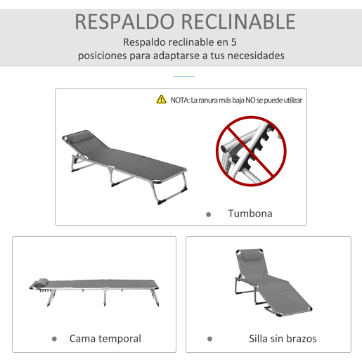 Outsunny Espreguiçadeira de Jardim Dobrável com Apoio para a Cabeça Removível e Encosto Ajustável em 4 Posições para Jardim Terraço Campismo Exterior 170x60x76cm Cinza
