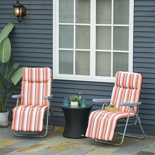 Outsunny Conjunto de 2 Espreguiçadeiras Dobráveis de Jardim com Almofada Acolchoada, Encosto Ajustável em 5 Posições, Apoio para os Pés e Estrutura de Aço, 60x75x65-102 cm, Listas Laranja