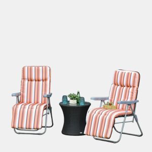 Outsunny Conjunto de 2 Espreguiçadeiras Dobráveis de Jardim com Almofada Acolchoada, Encosto Ajustável em 5 Posições, Apoio para os Pés e Estrutura de Aço, 60x75x65-102 cm, Listas Laranja
