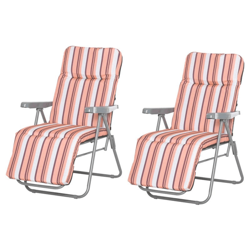 Outsunny Conjunto de 2 Espreguiçadeiras Dobráveis de Jardim com Almofada Acolchoada, Encosto Ajustável em 5 Posições, Apoio para os Pés e Estrutura de Aço, 60x75x65-102 cm, Listas Laranja
