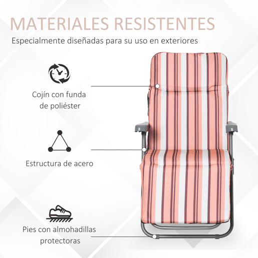 Outsunny Conjunto de 2 Espreguiçadeiras Dobráveis de Jardim com Almofada Acolchoada, Encosto Ajustável em 5 Posições, Apoio para os Pés e Estrutura de Aço, 60x75x65-102 cm, Listas Laranja