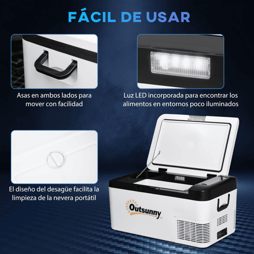 Outsunny Geleira com Compressor 18L Portátil até -20? com Luz LED e Alças Dobráveis Geleira de Carro 12V24V e 240V para Casa Campismo Viagem 58,5x33,5x29,2cm Branco
