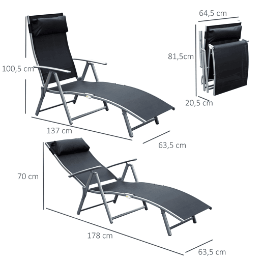 Outsunny Espreguiçadeira Dobrável de Jardim com Encosto Ajustável em 7 Posições Apoio para a Cabeça para Terraço Piscina Exterior Carga Máxima 165kg 137x63,5x100,5cm Preto