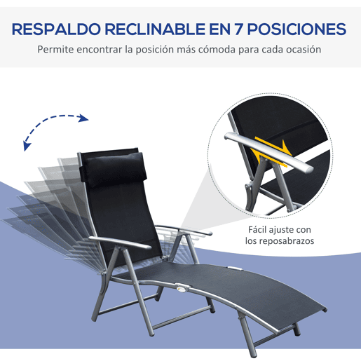 Outsunny Espreguiçadeira Dobrável de Jardim com Encosto Ajustável em 7 Posições Apoio para a Cabeça para Terraço Piscina Exterior Carga Máxima 165kg 137x63,5x100,5cm Preto
