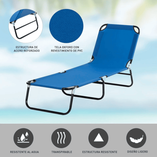 Outsunny Espreguiçadeira Dobrável Reclinável com Ângulo Ajustável de 3 Posições para Exterior Carga 120 kg 188x56x28 cm Azul