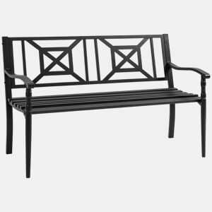 Outsunny Banco de Jardim de 2 Lugares Banco de Exterior de Aço com Apoio para os Braços e Encosto Decorativo para Terraço Varanda Pátio Carga 280kg 128x62,5x81,5cm Preto