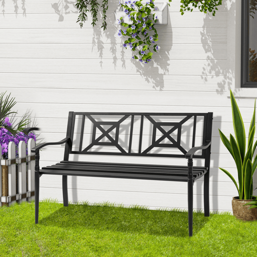 Outsunny Banco de Jardim de 2 Lugares Banco de Exterior de Aço com Apoio para os Braços e Encosto Decorativo para Terraço Varanda Pátio Carga 280kg 128x62,5x81,5cm Preto