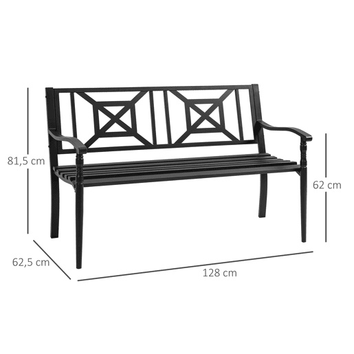 Outsunny Banco de Jardim de 2 Lugares Banco de Exterior de Aço com Apoio para os Braços e Encosto Decorativo para Terraço Varanda Pátio Carga 280kg 128x62,5x81,5cm Preto