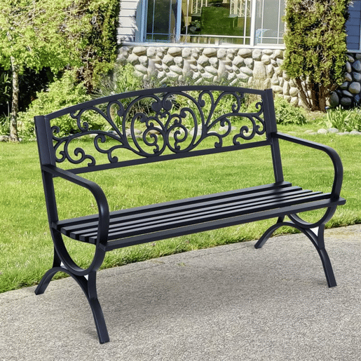 Outsunny Banco de Jardim de 2 Lugares Banco de Terraço de Ferro com Design Clássico Padrão Floral Carga 240 kg 127x60x85cm Preto