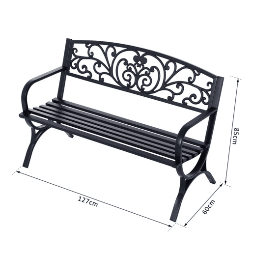 Outsunny Banco de Jardim de 2 Lugares Banco de Terraço de Ferro com Design Clássico Padrão Floral Carga 240 kg 127x60x85cm Preto
