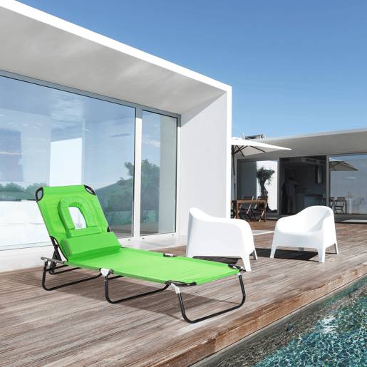 Outsunny Espreguiçadeira Dobrável com Encosto Regulável em 4 Posições, Espreguiçadeira de Jardim com Orifício para Leitura, Almofada, Estrutura Metálica e Tecido Oxford para Praia e Terraço, Peso Máx. 120 kg, 190x56x28 cm, Verde