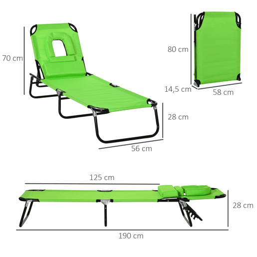 Outsunny Espreguiçadeira Dobrável com Encosto Regulável em 4 Posições, Espreguiçadeira de Jardim com Orifício para Leitura, Almofada, Estrutura Metálica e Tecido Oxford para Praia e Terraço, Peso Máx. 120 kg, 190x56x28 cm, Verde
