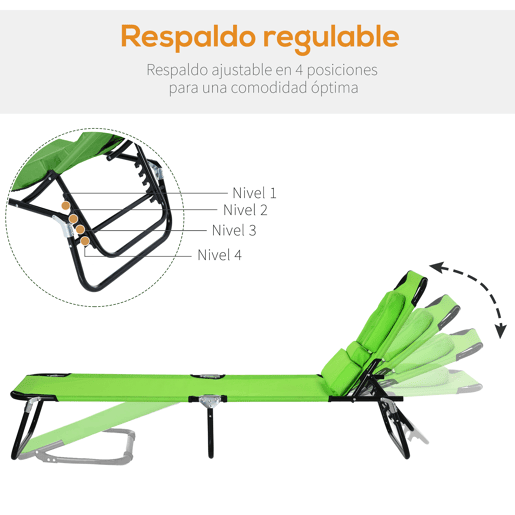 Outsunny Espreguiçadeira Dobrável com Encosto Regulável em 4 Posições, Espreguiçadeira de Jardim com Orifício para Leitura, Almofada, Estrutura Metálica e Tecido Oxford para Praia e Terraço, Peso Máx. 120 kg, 190x56x28 cm, Verde