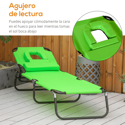 Outsunny Espreguiçadeira Dobrável com Encosto Regulável em 4 Posições, Espreguiçadeira de Jardim com Orifício para Leitura, Almofada, Estrutura Metálica e Tecido Oxford para Praia e Terraço, Peso Máx. 120 kg, 190x56x28 cm, Verde
