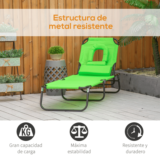 Outsunny Espreguiçadeira Dobrável com Encosto Regulável em 4 Posições, Espreguiçadeira de Jardim com Orifício para Leitura, Almofada, Estrutura Metálica e Tecido Oxford para Praia e Terraço, Peso Máx. 120 kg, 190x56x28 cm, Verde