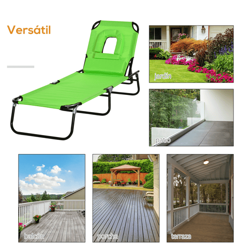 Outsunny Espreguiçadeira Dobrável com Encosto Regulável em 4 Posições, Espreguiçadeira de Jardim com Orifício para Leitura, Almofada, Estrutura Metálica e Tecido Oxford para Praia e Terraço, Peso Máx. 120 kg, 190x56x28 cm, Verde
