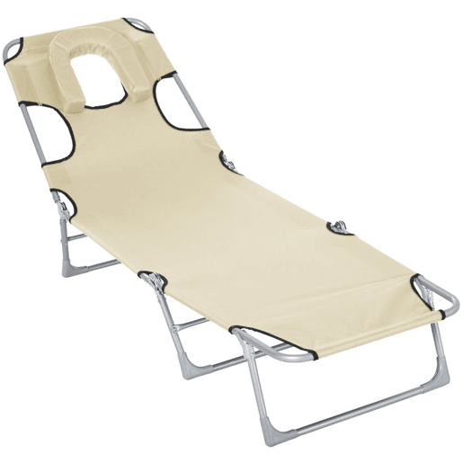Outsunny Espreguiçadeira de Jardim Reclinável e Dobrável com Orifício de Leitura Apoio para Cabeça e Encosto Ajustável em 4 Níveis para Praia 182x56x24,5 cm Bege