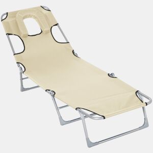 Outsunny Espreguiçadeira de Jardim Reclinável e Dobrável com Orifício de Leitura Apoio para Cabeça e Encosto Ajustável em 4 Níveis para Praia 182x56x24,5 cm Bege