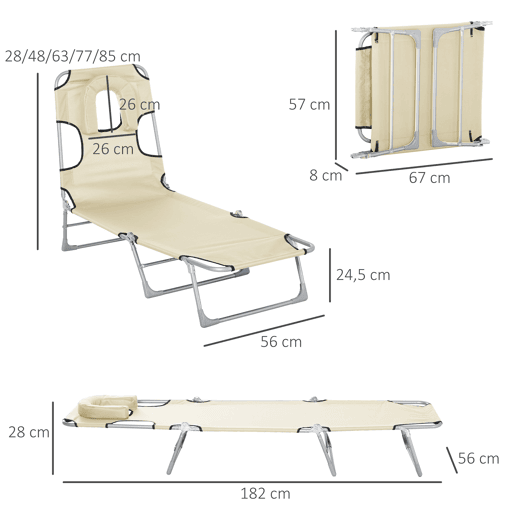 Outsunny Espreguiçadeira de Jardim Reclinável e Dobrável com Orifício de Leitura Apoio para Cabeça e Encosto Ajustável em 4 Níveis para Praia 182x56x24,5 cm Bege