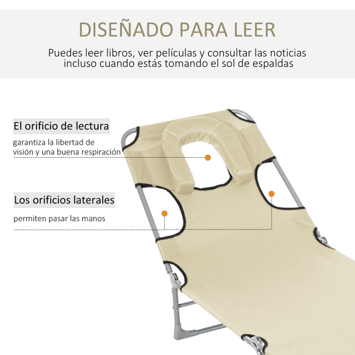Outsunny Espreguiçadeira de Jardim Reclinável e Dobrável com Orifício de Leitura Apoio para Cabeça e Encosto Ajustável em 4 Níveis para Praia 182x56x24,5 cm Bege