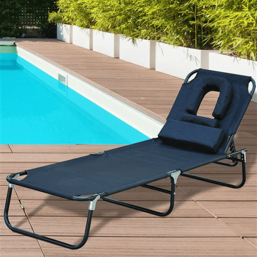 Outsunny Espreguiçadeira Dobrável com Encosto Regulável em 4 Posições, Orifício para Leitura, Almofada, Estrutura Metálica e Tecido Oxford para Praia e Terraço, Suporta até 120 kg, 190x56x28 cm, Preto