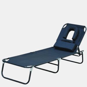 Outsunny Espreguiçadeira Dobrável com Encosto Regulável em 4 Posições, Orifício para Leitura, Almofada, Estrutura Metálica e Tecido Oxford para Praia e Terraço, Suporta até 120 kg, 190x56x28 cm, Preto