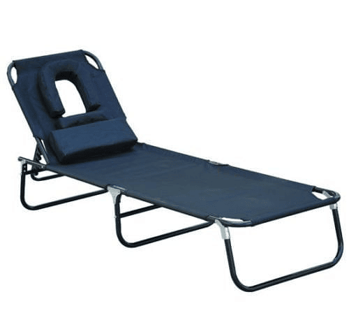 Outsunny Espreguiçadeira Dobrável com Encosto Regulável em 4 Posições, Orifício para Leitura, Almofada, Estrutura Metálica e Tecido Oxford para Praia e Terraço, Suporta até 120 kg, 190x56x28 cm, Preto