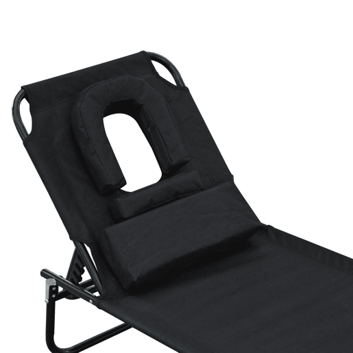 Outsunny Espreguiçadeira Dobrável com Encosto Regulável em 4 Posições, Orifício para Leitura, Almofada, Estrutura Metálica e Tecido Oxford para Praia e Terraço, Suporta até 120 kg, 190x56x28 cm, Preto