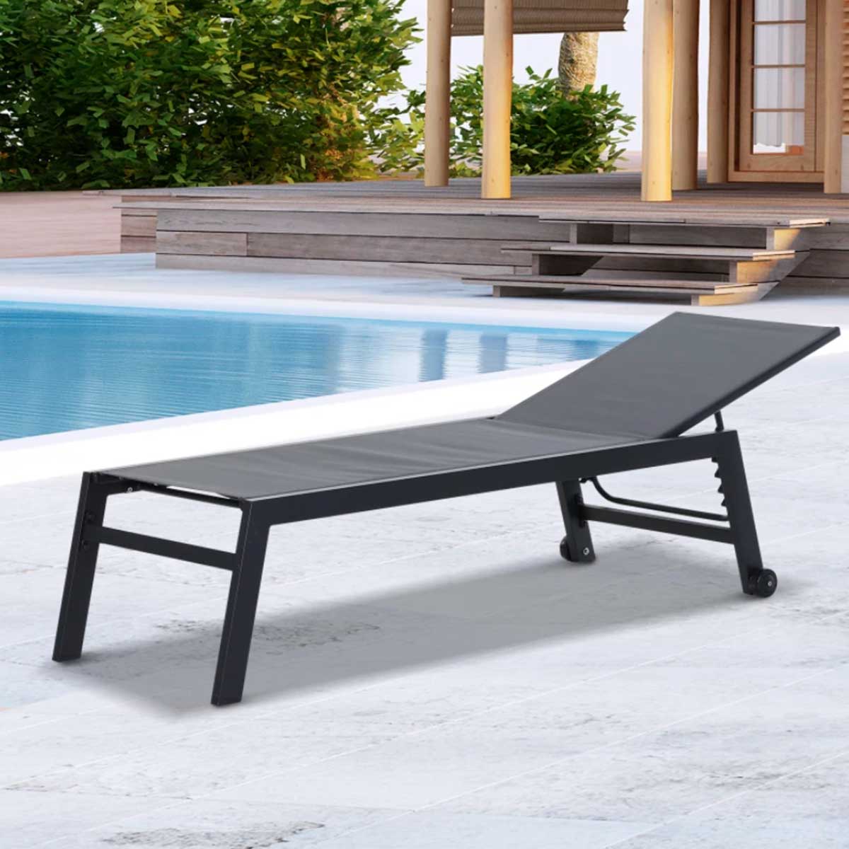 Outsunny tumbona de jardín de aluminio tumbona exterior con respaldo reclinable en 5 posiciones ruedas carga 120 kg para patio terraza 169x65x102 cm gris