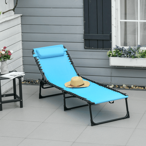 Outsunny Espreguiçadeira Dobrável, Espreguiçadeira de Jardim Reclinável com 4 Posições, Apoio de Cabeça e Estrutura de Aço, Suporta 120 kg, para Terraço, Piscina, Praia, 189x58x30 cm, Azul Claro