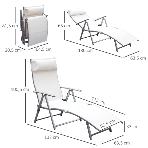 Outsunny Espreguiçadeira Dobrável de Jardim com Encosto Ajustável em 7 Posições Apoio para a Cabeça para Terraço Piscina Exterior Carga Máxima 165kg 137x63,5x100,5cm Creme