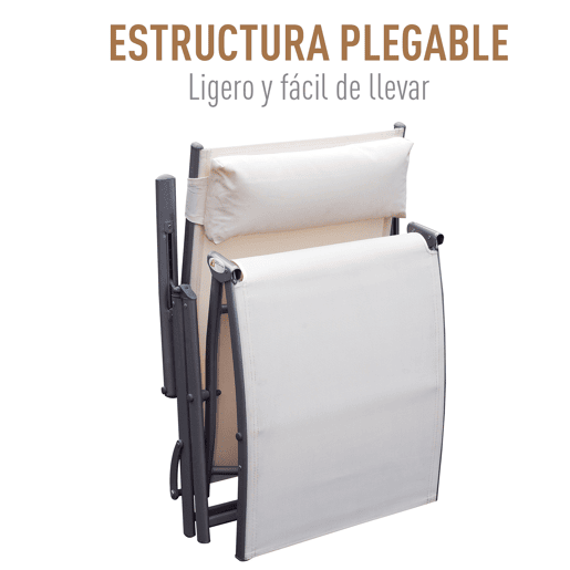 Outsunny Espreguiçadeira Dobrável de Jardim com Encosto Ajustável em 7 Posições Apoio para a Cabeça para Terraço Piscina Exterior Carga Máxima 165kg 137x63,5x100,5cm Creme