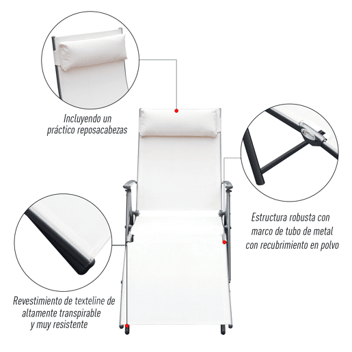 Outsunny Espreguiçadeira Dobrável de Jardim com Encosto Ajustável em 7 Posições Apoio para a Cabeça para Terraço Piscina Exterior Carga Máxima 165kg 137x63,5x100,5cm Creme