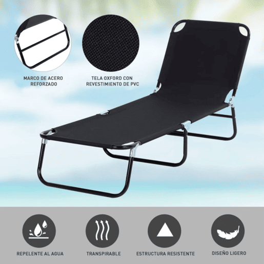 Outsunny Espreguiçadeira Dobrável Reclinável com Ângulo Ajustável de 3 Posições para Exterior Carga 120 kg 188x56x28 cm Preto