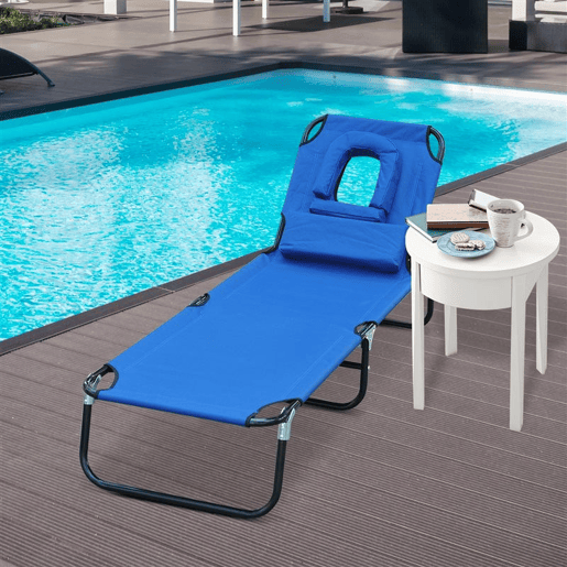 Outsunny Espreguiçadeira Dobrável com Encosto Regulável em 4 Posições Espreguiçadeira de Jardim com Orifício para Leitura Almofada Estrutura Metálica e Tecido Oxford para Praia Terraço Carga 120 kg 190x56x28 cm Azul