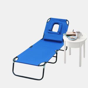 Outsunny Espreguiçadeira Dobrável com Encosto Regulável em 4 Posições Espreguiçadeira de Jardim com Orifício para Leitura Almofada Estrutura Metálica e Tecido Oxford para Praia Terraço Carga 120 kg 190x56x28 cm Azul