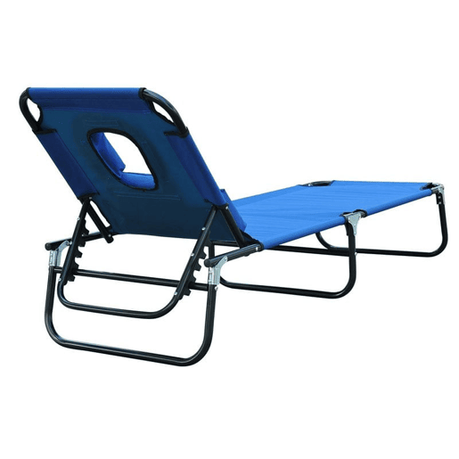 Outsunny Espreguiçadeira Dobrável com Encosto Regulável em 4 Posições Espreguiçadeira de Jardim com Orifício para Leitura Almofada Estrutura Metálica e Tecido Oxford para Praia Terraço Carga 120 kg 190x56x28 cm Azul