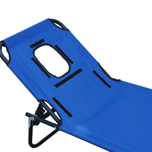 Outsunny Espreguiçadeira Dobrável com Encosto Regulável em 4 Posições Espreguiçadeira de Jardim com Orifício para Leitura Almofada Estrutura Metálica e Tecido Oxford para Praia Terraço Carga 120 kg 190x56x28 cm Azul