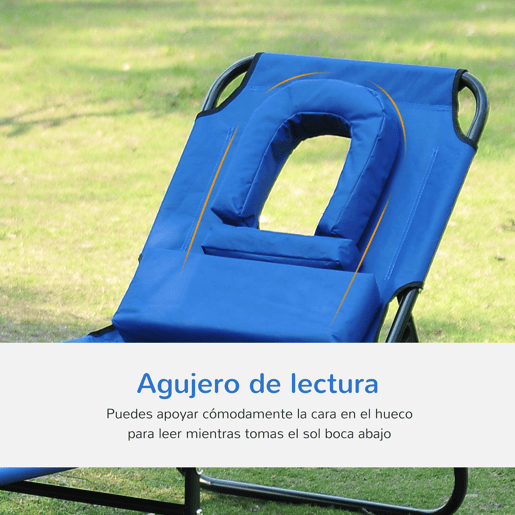 Outsunny Espreguiçadeira Dobrável com Encosto Regulável em 4 Posições Espreguiçadeira de Jardim com Orifício para Leitura Almofada Estrutura Metálica e Tecido Oxford para Praia Terraço Carga 120 kg 190x56x28 cm Azul