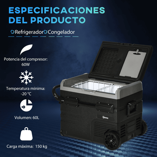 Outsunny Geleira de Compressor Portátil 60L Geleira de Carro CC 12V24V até -20? com Ecrã LED Tátil Alça Retrátil e Rodas 71,1x46x57,1 cm Preto