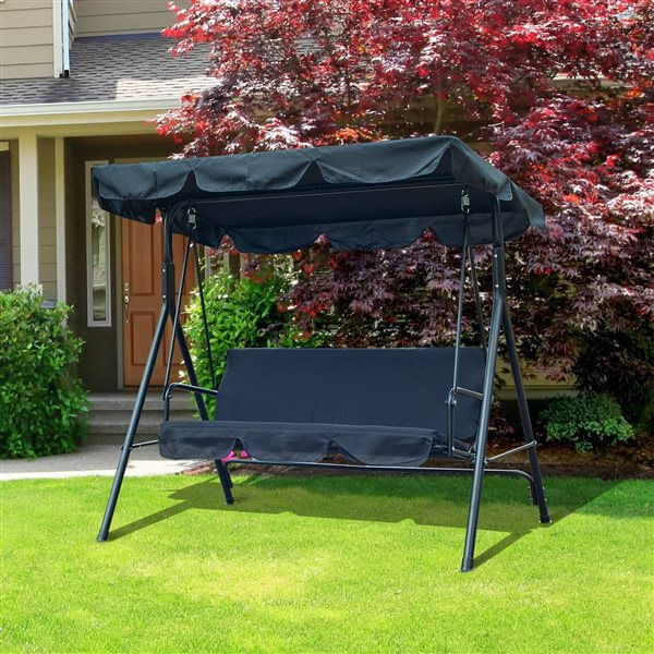Outsunny columpio de jardín de 3 plazas silla balancín con parasol techo ajustable en ángulo impermeable para exterior terraza balcón carga máx. 200 kg acero 172x110x153 cm negro
