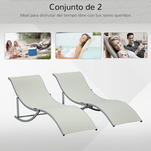 Outsunny 2 espreguiçadeiras ergonômicas dobráveis u200Bu200Bem forma de S com estrutura de alumínio Textilene para piscina pátio jardim e varanda 165x61x63 cm Bege