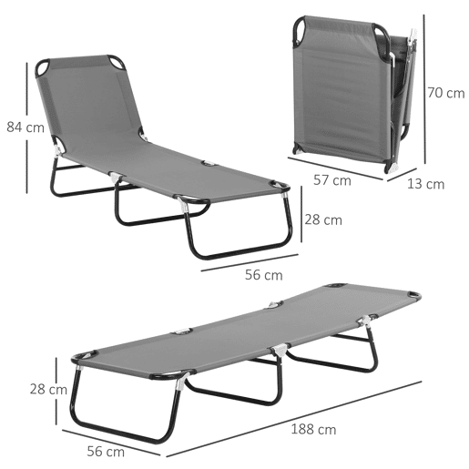 Outsunny Espreguiçadeira Dobrável Reclinável com Ângulo Ajustável de 3 Posições para Exterior Carga 120 kg 188x56x28 cm Cinza