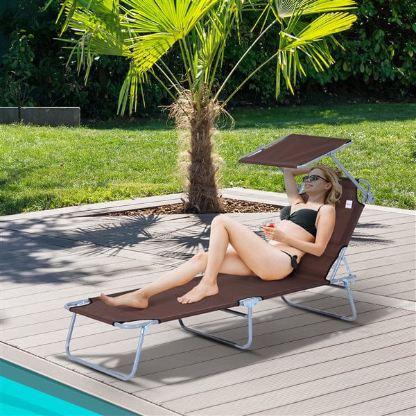 Outsunny tumbona plegable tumbona de jardín exterior reclinable con toldo desmontable con ángulo regulable respaldo ajustable en 4 niveles para terraza piscina patio 187x58x36 cm marrón