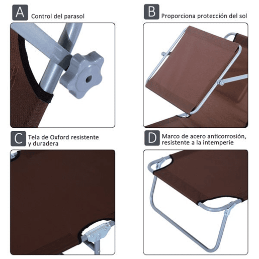 Outsunny Espreguiçadeira de Jardim Dobrável com Toldo Removível e Ajustável em Ângulo e Encosto Ajustável em 4 Posições para Jardim Terraço Campismo Exterior 187x58x36cm Marrom